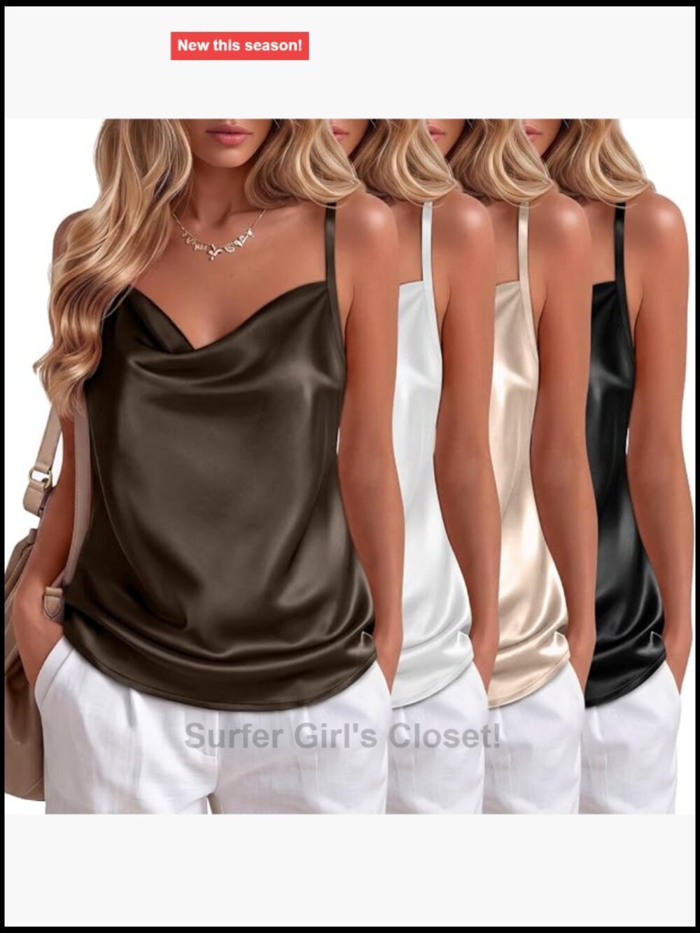 4 Pack Women's V Neck Silk Satin Tank Tops Spaghetti Strap Cowl Neck Sleeveless